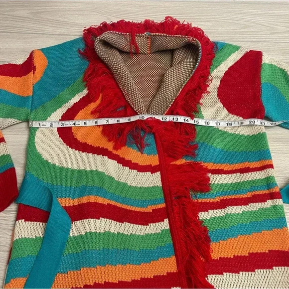 Dee Elly Print Red Fringe Long Open Cardigan Women’s size Small - Picture 10 of 14
